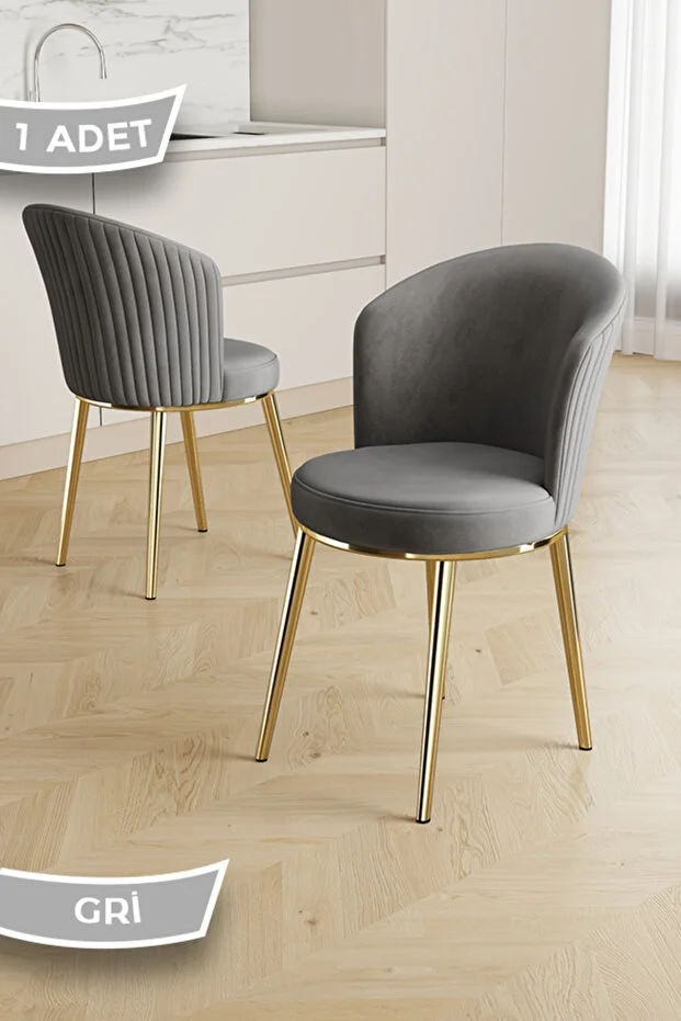 Risa Serisi 1 Adet Gri Mutfak Sandalyesi Gold Kaplama Metal Ayak 1. Sınıf Babyface Kumaş